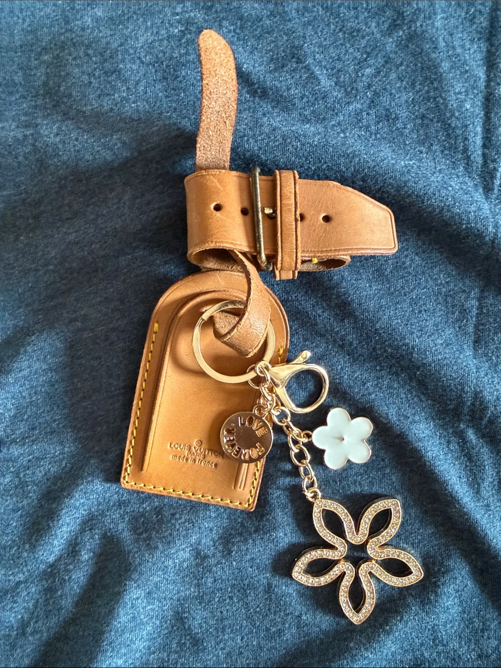 Louis Vuitton Brown Leather Luggage Tag with Floral Charms